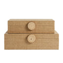 Raffia storage box set with wood knob lids in natural tone