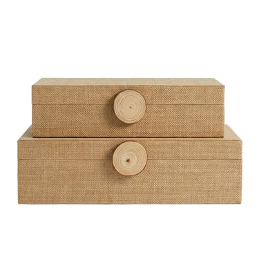 Raffia storage box set with wood knob lids in natural tone