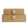 Raffia storage box set with wood knob lids in natural tone