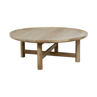 Round wooden coffee table on a white background