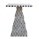 A modern pyramid side table with a geometric checkered pattern in pearl and dark blue mosaic capiz tiles, shown against a plain white background.