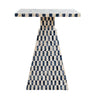 A modern pyramid side table with a geometric checkered pattern in pearl and dark blue mosaic capiz tiles, shown against a plain white background.