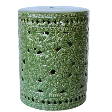 Dark green garden stool with leaf design – ceramic side table