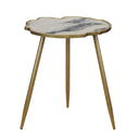 Modern scalloped side table with a white and gray marble  effect top and a gold-finished metal frame and tripod legs.