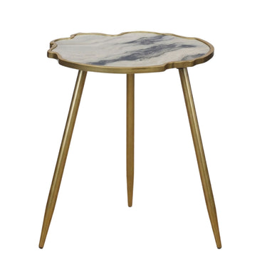 Modern scalloped side table with a white and gray marble  effect top and a gold-finished metal frame and tripod legs.