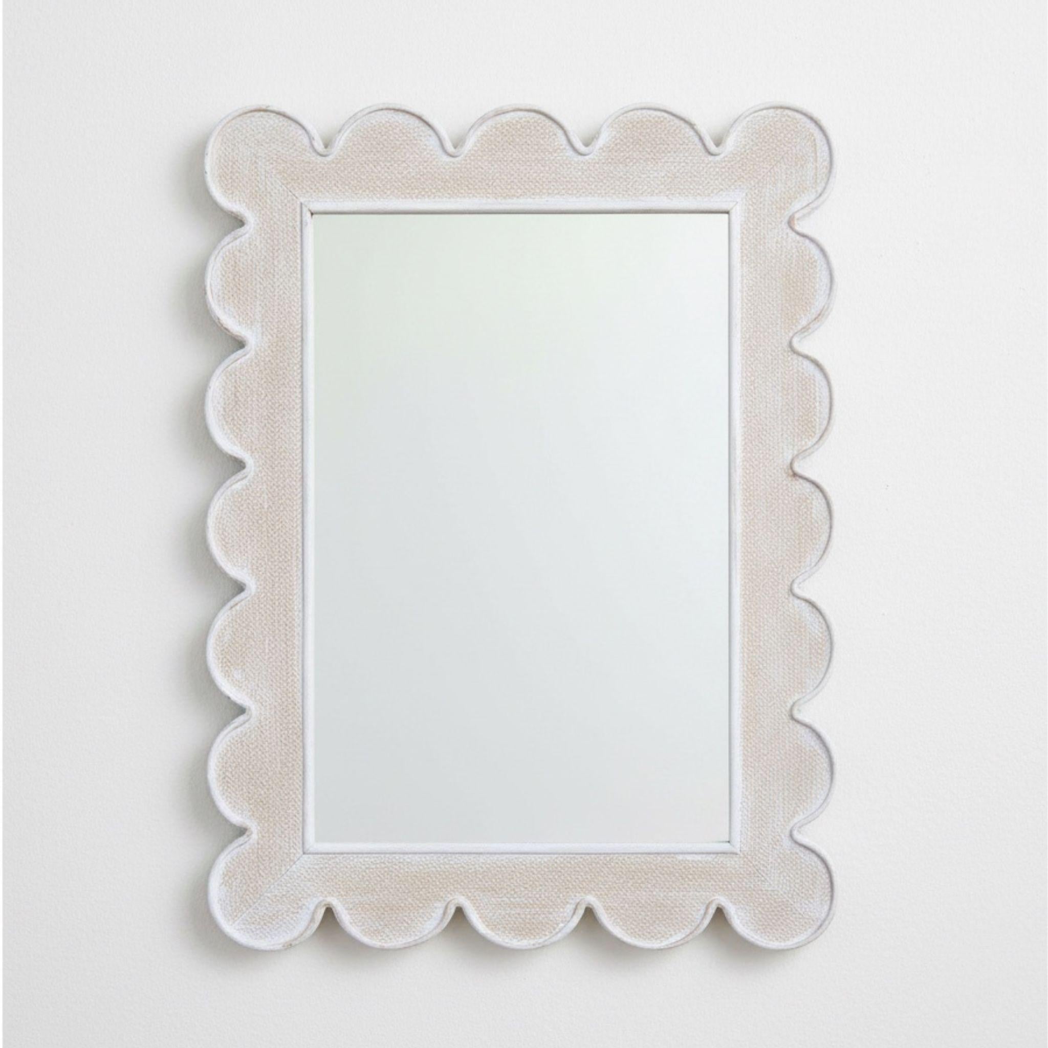 Scalloped rectangle wall mirror with whitewashed wooden frame