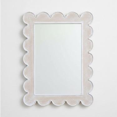 Scalloped rectangle wall mirror with whitewashed wooden frame