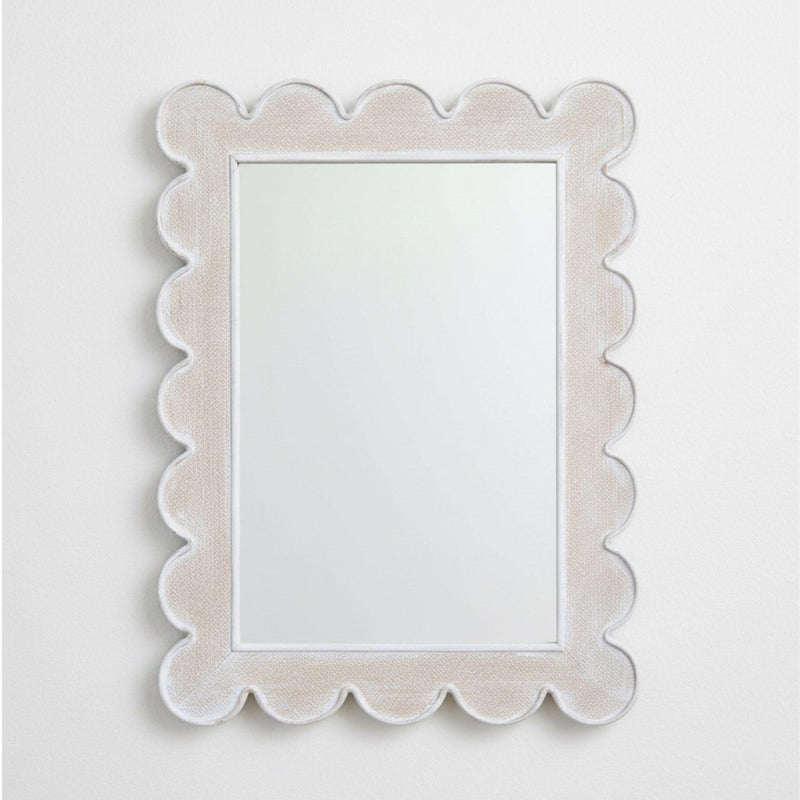 Scalloped rectangle wall mirror with whitewashed wooden frame
