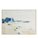 Hand-painted abstract coastal landscape canvas art featuring bright cobalt blue ocean water waves, stark white highlights, and a sun-bleached open sky palette.
