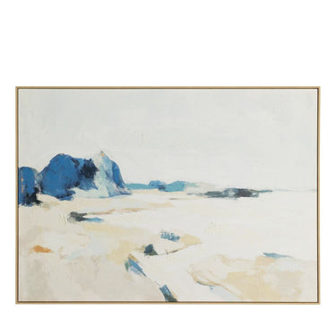 Hand-painted abstract coastal landscape canvas art featuring bright cobalt blue ocean water waves, stark white highlights, and a sun-bleached open sky palette.