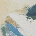 Abstract canvas painting with thick impasto brushstrokes in cream, beige, blue, teal, and dark navy tones.