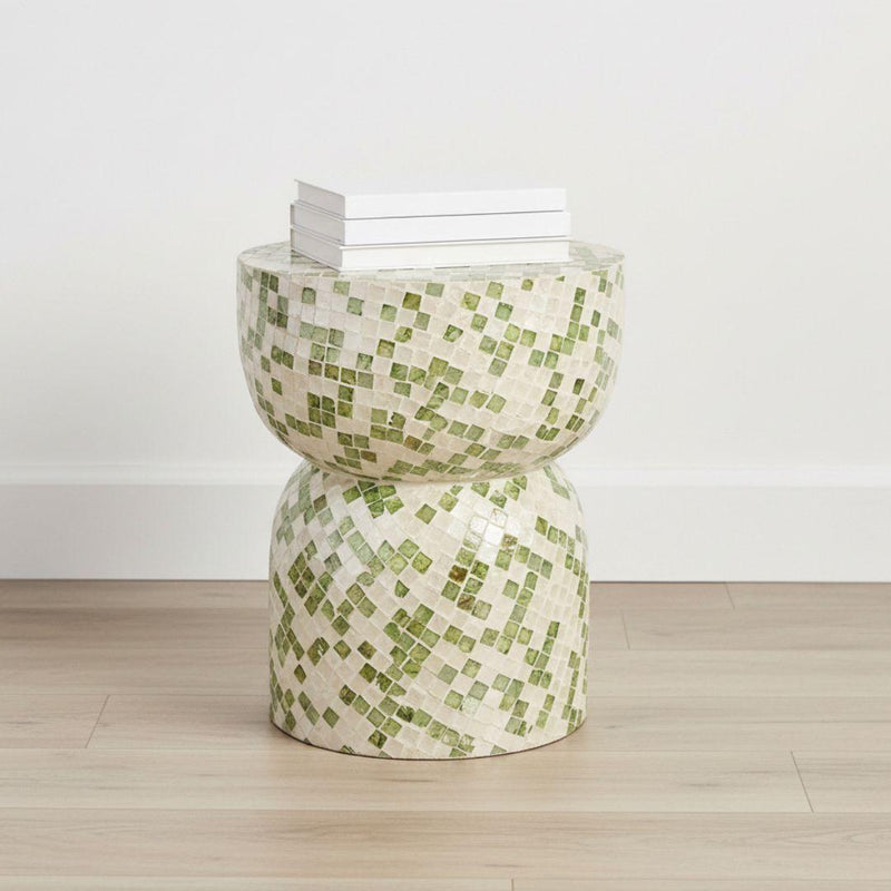 side table features a handcrafted mosaic pattern of small Capiz shell tiles in varying shades of green and white.