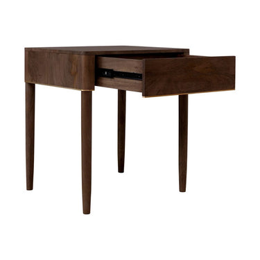 large wooden side table with a drawer on a white background