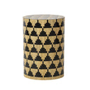 Sopana round accent table featuring a handcrafted mother of pearl and bamboo geometric triangle motif.