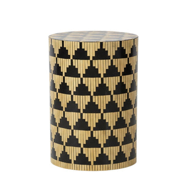 Sopana round accent table featuring a handcrafted mother of pearl and bamboo geometric triangle motif.