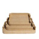 Set of 3 natural tan nesting rectangle raffia trays with bamboo handles.