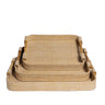 Set of 3 natural tan nesting rectangle raffia trays with bamboo handles.