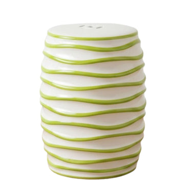 Spiral Ceramic Stool showing the raised lime green spirals and textured finish by Woodka Interiors