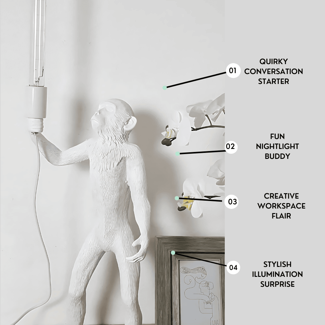 Sculpted resin Standing Monkey Table Lamp with one arm raised and matte-textured fur detailing, 