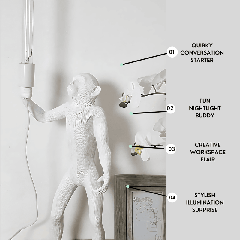 Sculpted resin Standing Monkey Table Lamp with one arm raised and matte-textured fur detailing, 