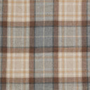 close-up of a plaid fabric pattern with warm brown, beige, gray, and white stripes oversized Stirling check throw blanket.