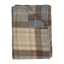 Plaid wool throw blanket in shades of brown, beige, and grey.