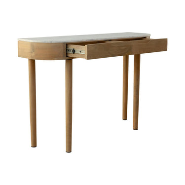 Stonesleigh console table in solid mango wood frame and white marble top with pull-out drawers