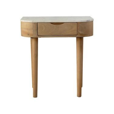 Stonesleigh curved bedside nightstand with solid mango wood frame, marble top and storage drawer