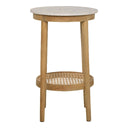 Stonesleigh round side table with mango wood frame in ginger finish marble top and natural cane tier