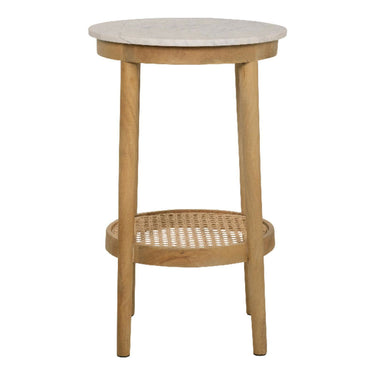 Stonesleigh round side table with mango wood frame in ginger finish marble top and natural cane tier