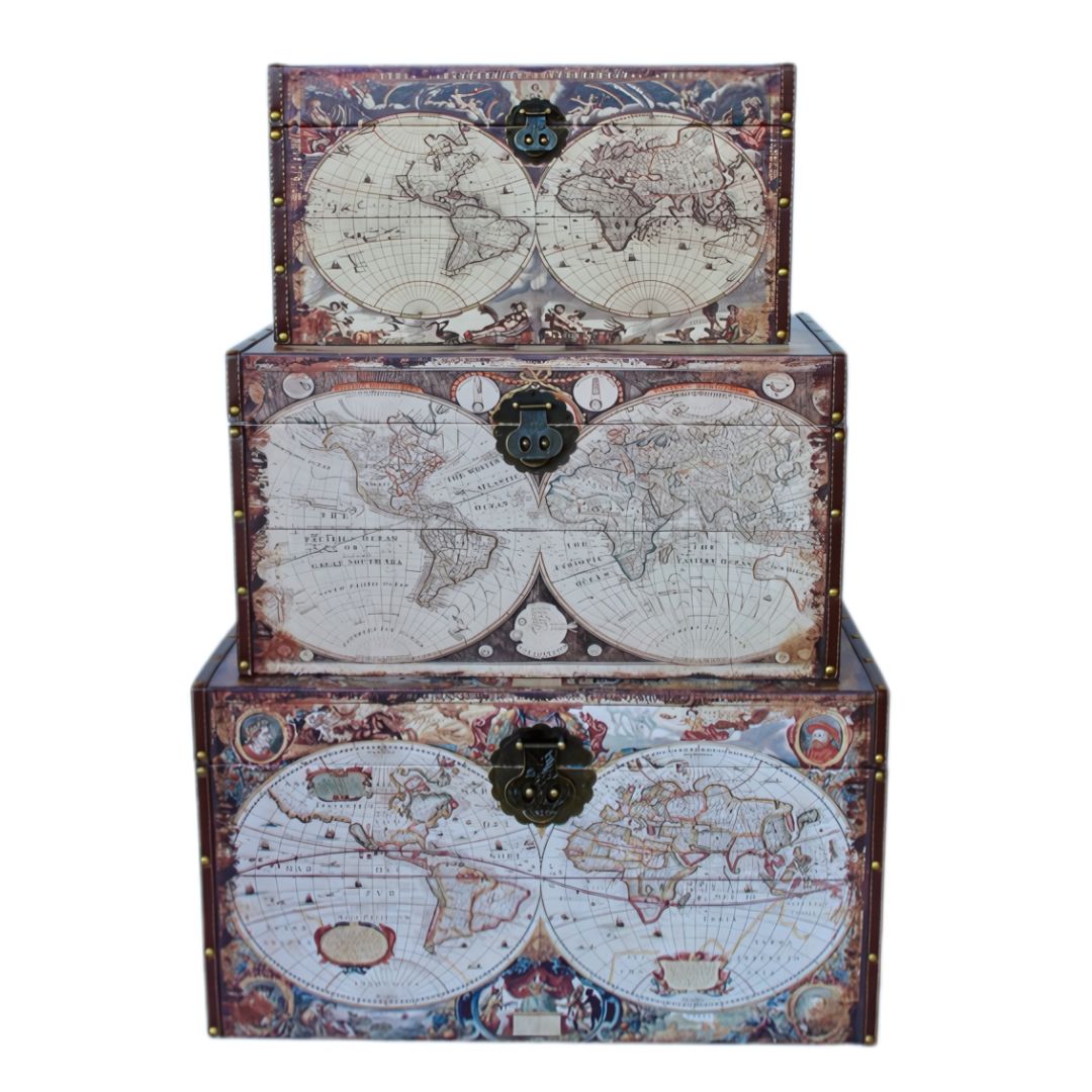 World Map Trunks – Set of 3 Decorative Storage Boxes | Woodka Interiors
