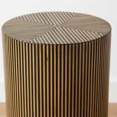 Close-up of the Striped Accent Table surface showing the handcrafted mother of pearl and bamboo stripe texture.