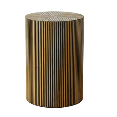 Striped Accent Table in black and natural bamboo, a bold cylindrical accent table for living room styling.