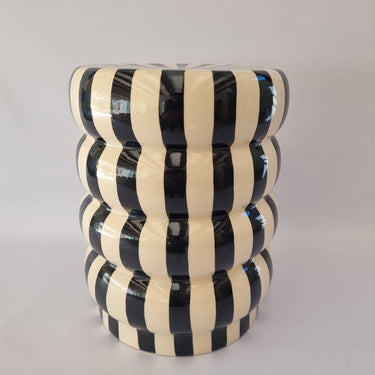 Full view of the Striped Ceramic Side Table – Black with striped ceramic design