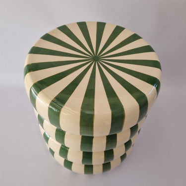 Angled top view of the Striped Ceramic Side Table – Green highlighting the striped pattern