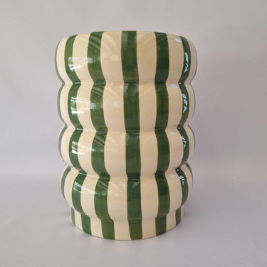 Full view of the Striped Ceramic Side Table – Green with striped ceramic design
