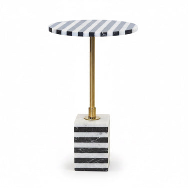 Round marble side table with black and white striped top