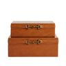 Tanner decorative cognac brown storage box set with lids and brass horsebit-style clasp, stacked.