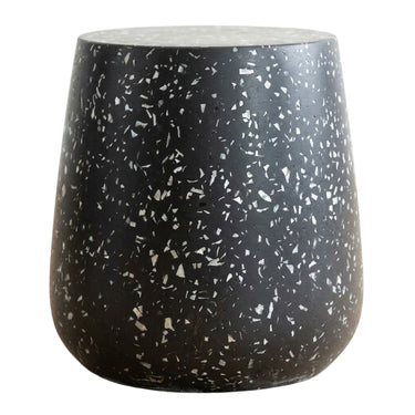 Terrazzo black side table with speckle detail.