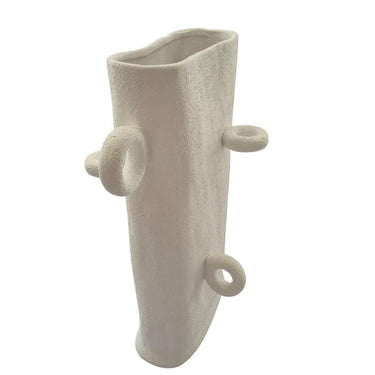 Modern ceramic statement vase with sculptural loop design in white