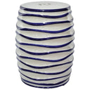 Glossy white ceramic stool with wavy raised navy blue lines and a subtle cut-out on top