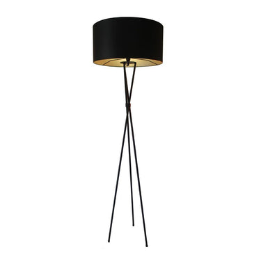 Modern standing lamp with black tripod legs and black shade