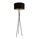 Black tripod floor lamp with metal base and black cotton drum shade