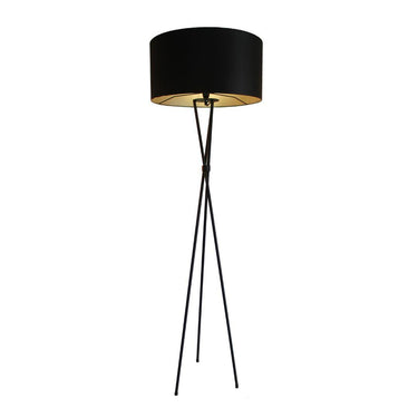 Black tripod floor lamp with metal base and black cotton drum shade