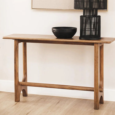 Tubular wood console table in nutmeg finish, a slim rectangular top and legs with curved, tubular joinery