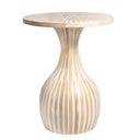 A modern pedestal side table made of mother of pearl with a flared round top and a sculptural bulbous base, shown on a plain white background.