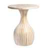 A modern pedestal side table made of mother of pearl with a flared round top and a sculptural bulbous base, shown on a plain white background.