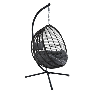 Venus pod hanging chair suspended on a sleek aluminum frame.