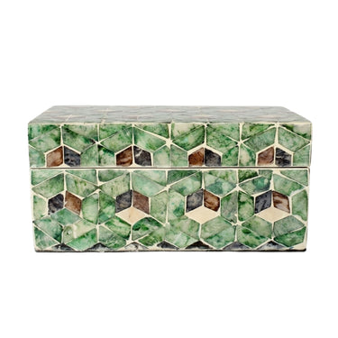 Capiz shell storage box with green and brown mosaic pattern