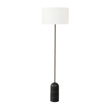 verona floor lamp with a white cylindrical shade and a dark base made of marbled black material